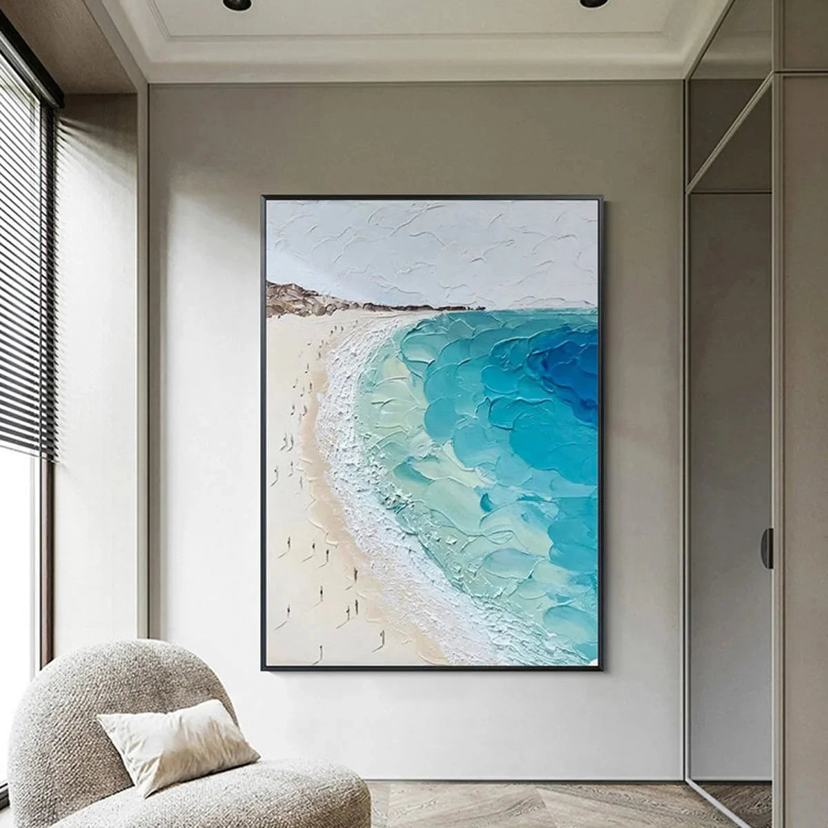 COASTAL SERENITY: Vertical Impasto Beach Scene Oil Painting | beige palette, original Hand-painted on premium stretched canvas using artist-grade oils; rich layered surface combines smooth gradient...