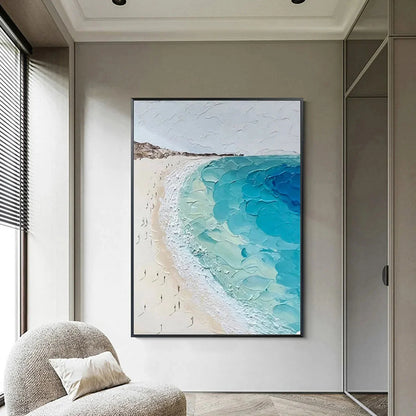 COASTAL SERENITY: Vertical Impasto Beach Scene Oil Painting | beige palette, original Hand-painted on premium stretched canvas using artist-grade oils; rich layered surface combines smooth gradient...