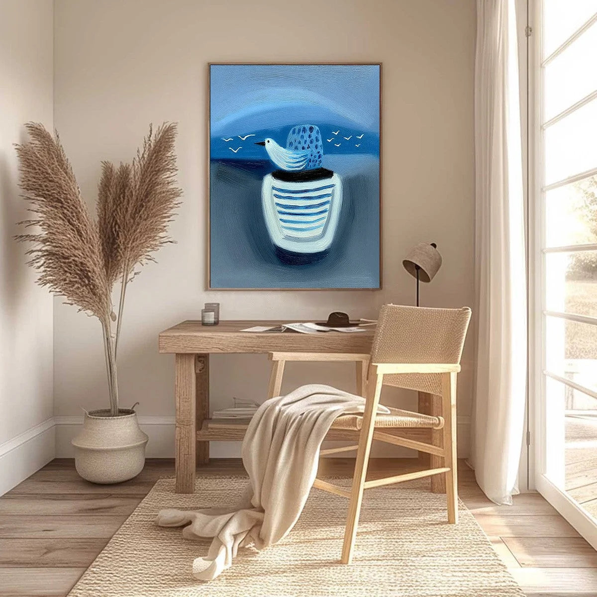 COASTAL SOLITUDE: Textured Minimalist Seascape Painting of Coastal Contemplation | gold frame stretched on neutral wall