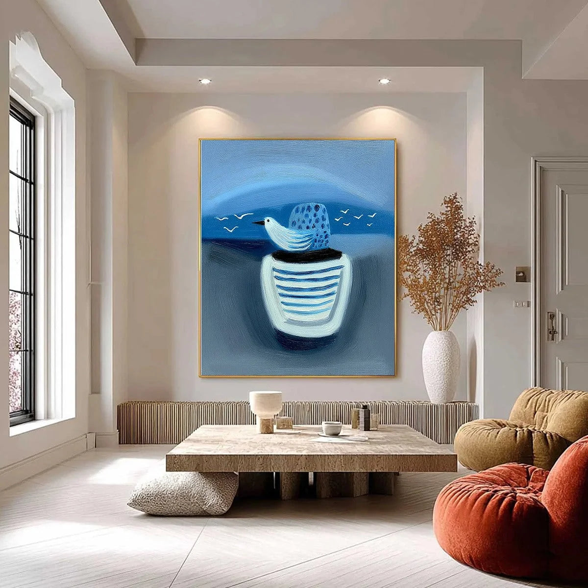 COASTAL SOLITUDE: Textured Minimalist Seascape Painting of Coastal Contemplation | black frame version on white wall