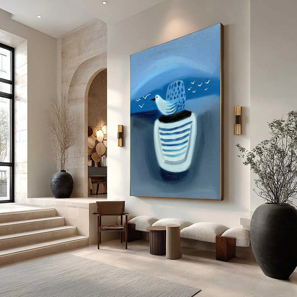 COASTAL SOLITUDE: Textured Minimalist Seascape Painting of Coastal Contemplation | Minimalist mood, soft natural light studio shot