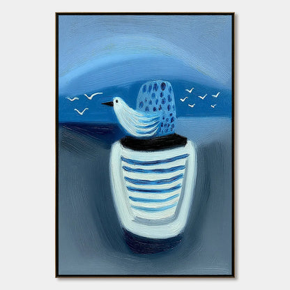 COASTAL SOLITUDE: Textured Minimalist Seascape Painting of Coastal Contemplation | hanging in COASTAL SOLITUDE: Textured Minimalist Seascape Painting of Coastal Contemplation featuring layered text...