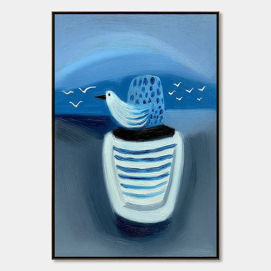 COASTAL SOLITUDE: Textured Minimalist Seascape Painting of Coastal Contemplation | hanging in COASTAL SOLITUDE: Textured Minimalist Seascape Painting of Coastal Contemplation featuring layered text...