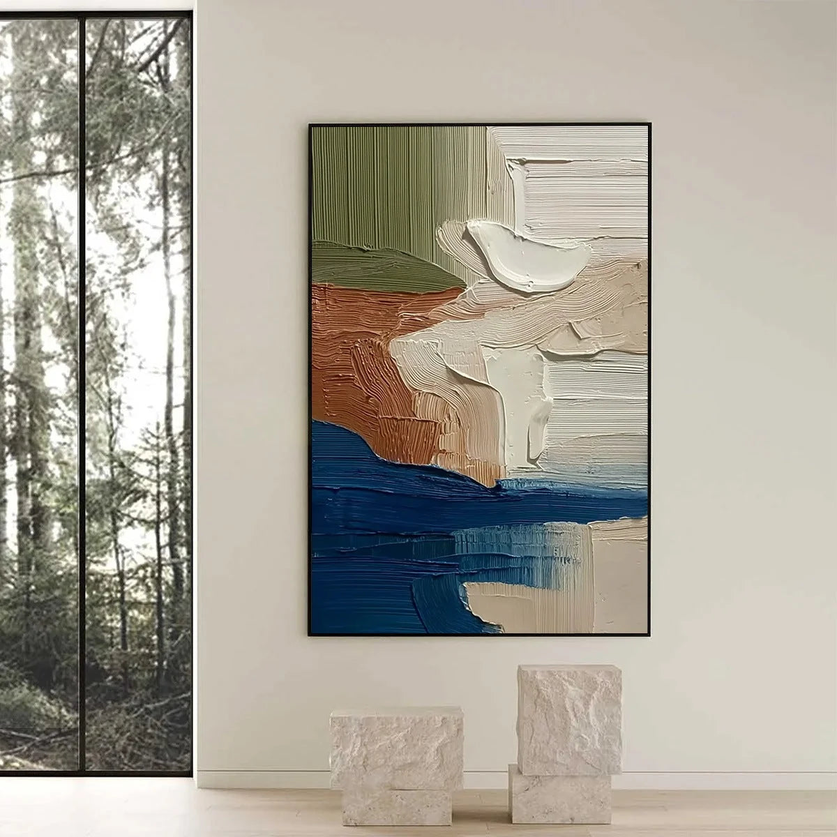 COASTAL STRATA: Textured Wabi Sabi Abstract Seascape Painting | black frame version on white wall