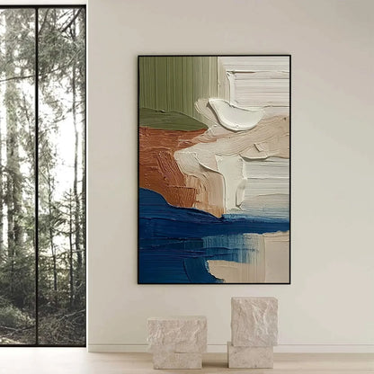 COASTAL STRATA: Textured Wabi Sabi Abstract Seascape Painting | black frame version on white wall