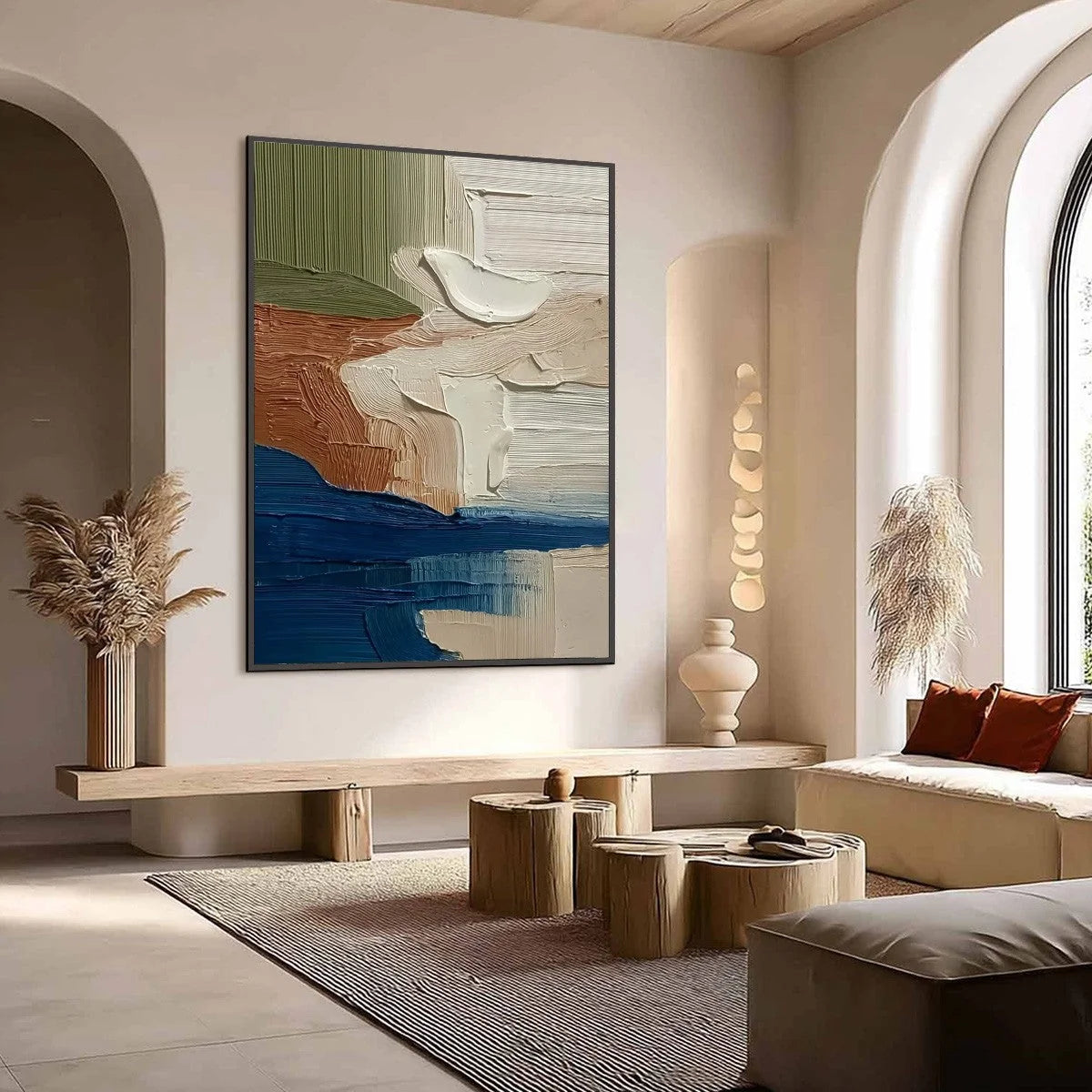 COASTAL STRATA: Textured Wabi Sabi Abstract Seascape Painting | Abstract mood, soft natural light studio shot