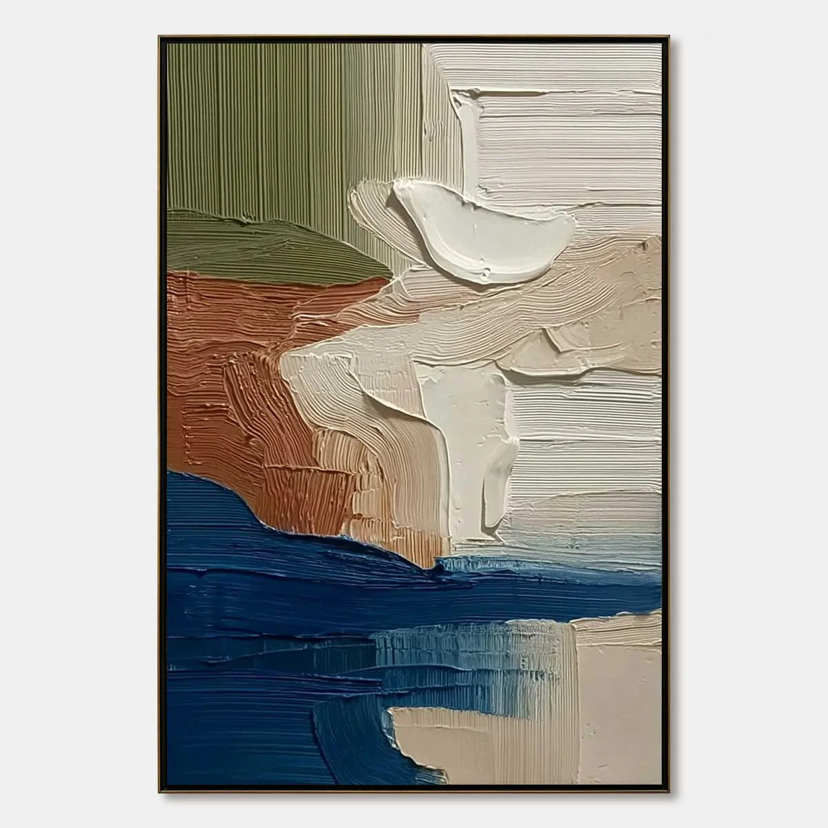 COASTAL STRATA: Textured Wabi Sabi Abstract Seascape Painting | hanging in COASTAL STRATA: Textured Wabi Sabi Abstract Seascape Painting featuring layered textured brushwork in refined tones; abstr...