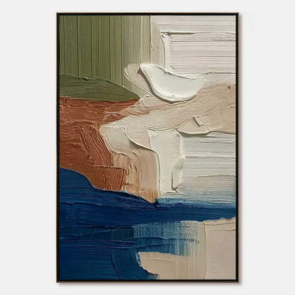 COASTAL STRATA: Textured Wabi Sabi Abstract Seascape Painting | hanging in COASTAL STRATA: Textured Wabi Sabi Abstract Seascape Painting featuring layered textured brushwork in refined tones; abstr...