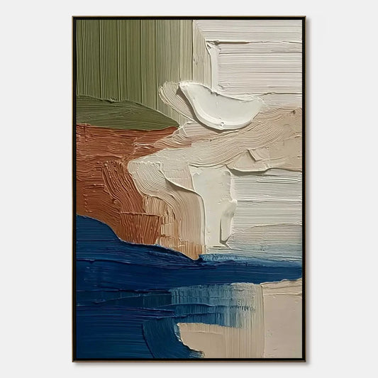 COASTAL STRATA: Textured Wabi Sabi Abstract Seascape Painting | hanging in COASTAL STRATA: Textured Wabi Sabi Abstract Seascape Painting featuring layered textured brushwork in refined tones; abstr...