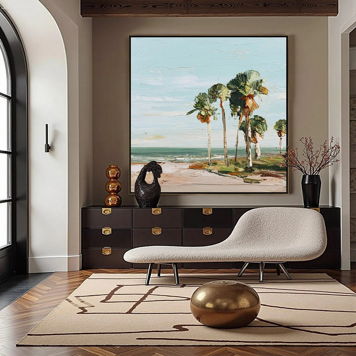 COASTAL TEXTURES: Impasto Palette Knife Palm Tree Painting | gold frame stretched on neutral wall