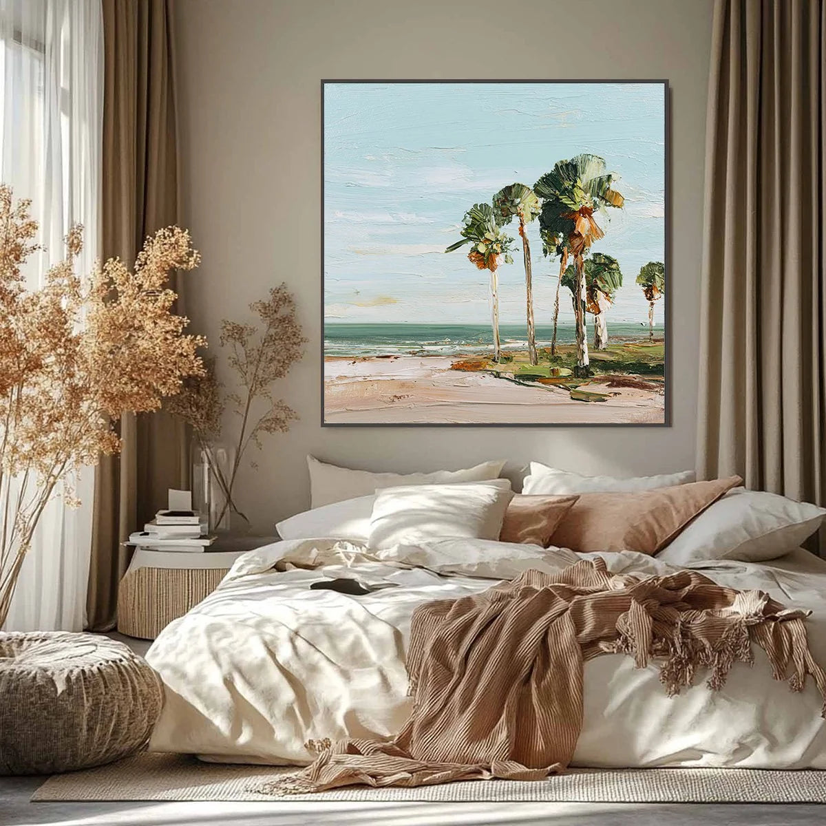 COASTAL TEXTURES: Impasto Palette Knife Palm Tree Painting | black frame version on white wall