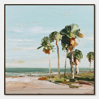 COASTAL TEXTURES: Impasto Palette Knife Palm Tree Painting | hanging in COASTAL TEXTURES: Impasto Palette Knife Palm Tree Painting featuring layered textured brushwork in refined tones; abstract co...