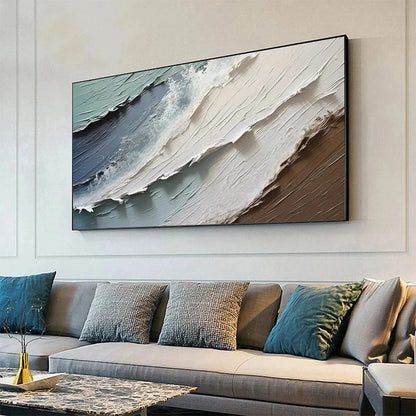 COASTAL TEXTURES: Panoramic Abstract Seascape, Impasto, Palette Knife | gold frame stretched on neutral wall
