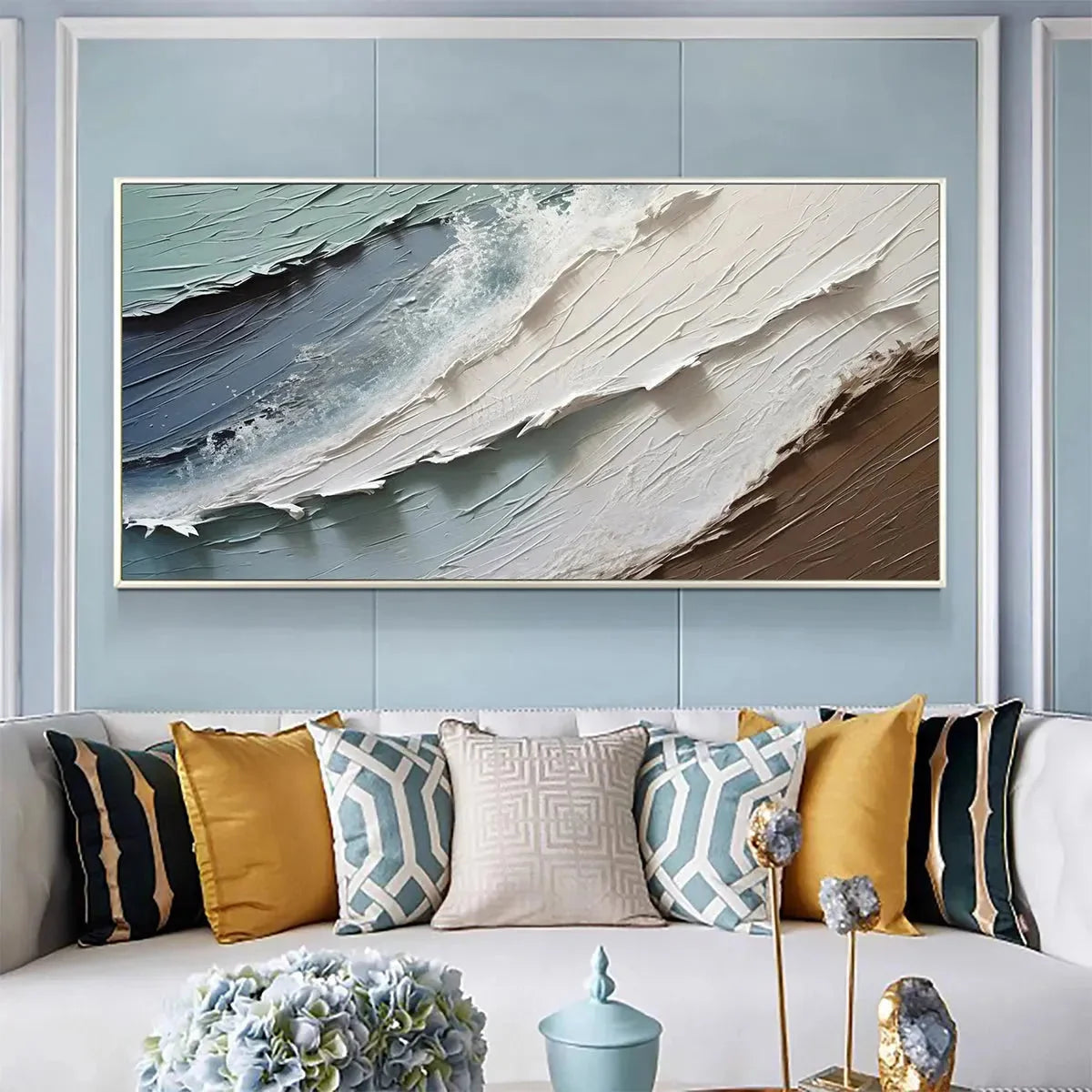 COASTAL TEXTURES: Panoramic Abstract Seascape, Impasto, Palette Knife | rolled canvas, ready for custom framing