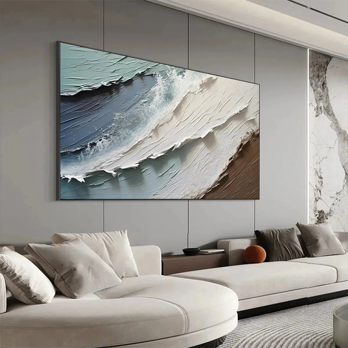 COASTAL TEXTURES: Panoramic Abstract Seascape, Impasto, Palette Knife | black frame version on white wall