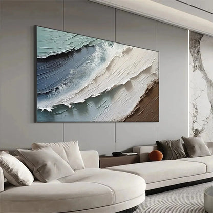 COASTAL TEXTURES: Panoramic Abstract Seascape, Impasto, Palette Knife | black frame version on white wall