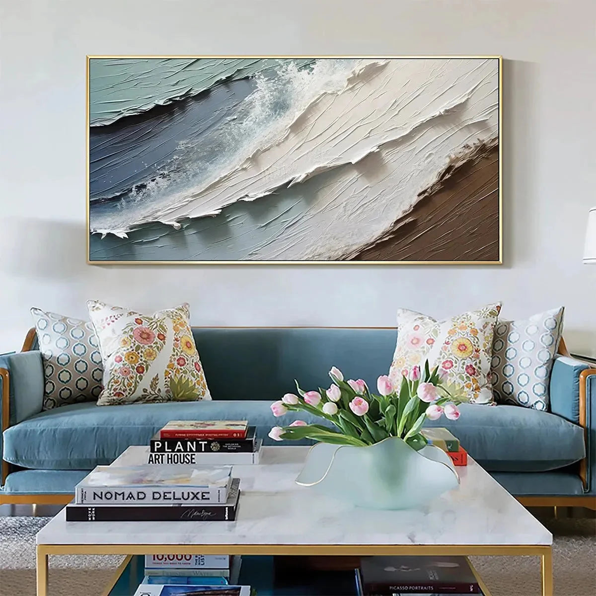 COASTAL TEXTURES: Panoramic Abstract Seascape, Impasto, Palette Knife | Abstract mood, soft natural light studio shot