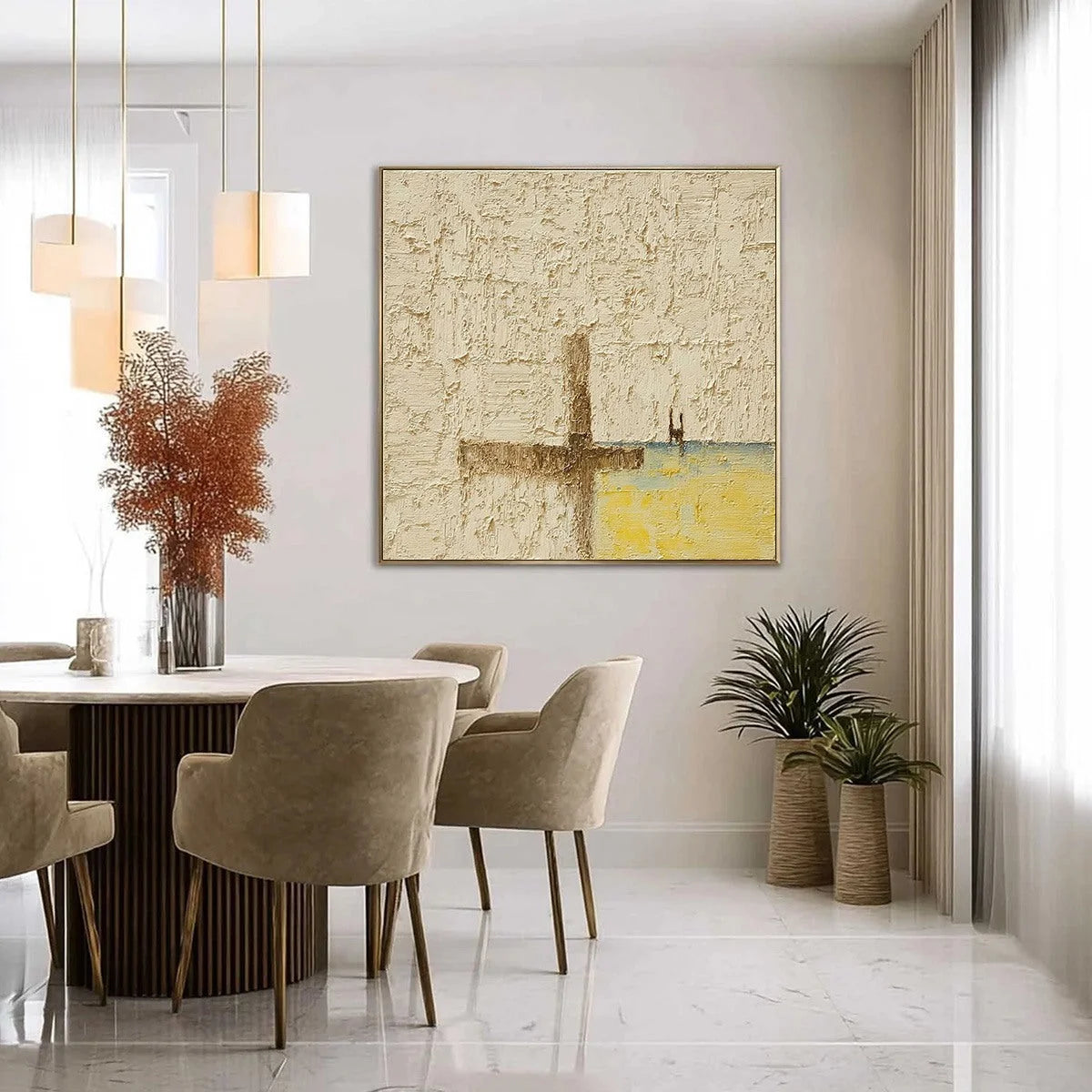 COASTAL VESPERS: Textured Wabi Sabi Abstract Beach Painting | gold frame stretched on neutral wall