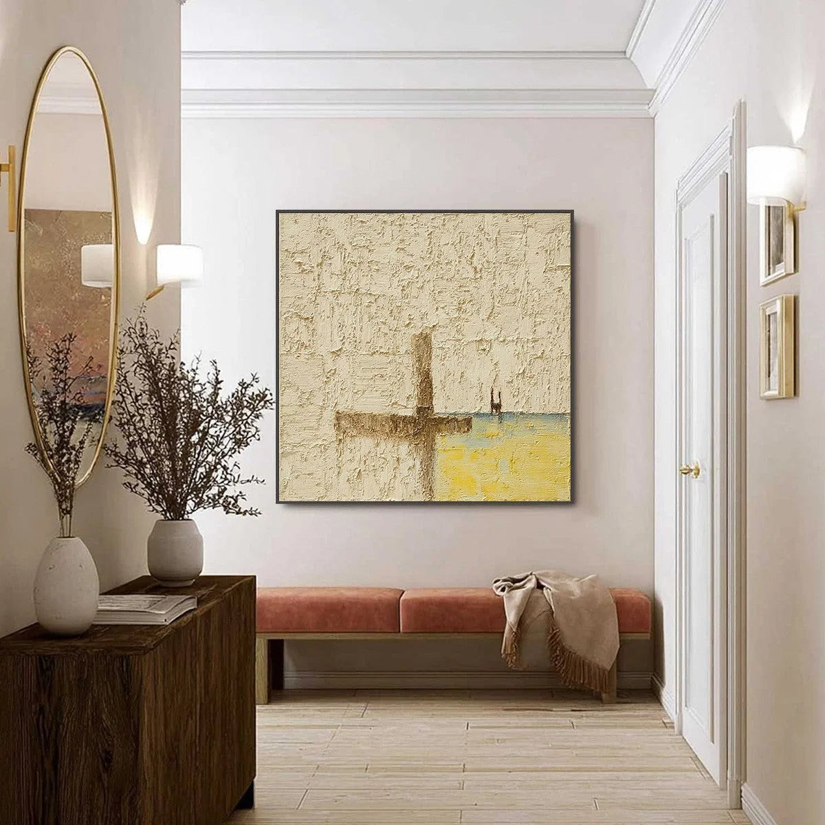 COASTAL VESPERS: Textured Wabi Sabi Abstract Beach Painting | black frame version on white wall