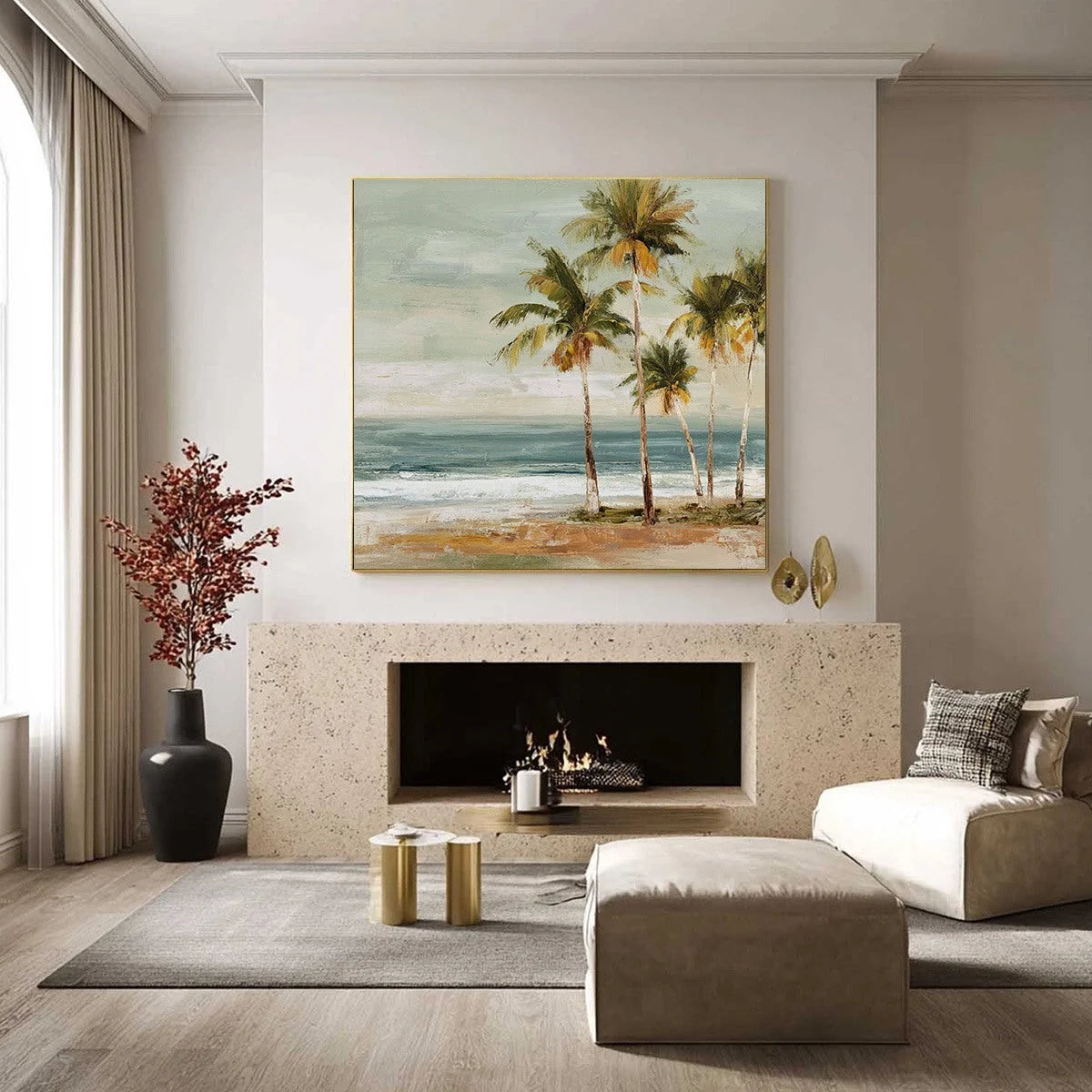 COASTAL WHISPER: Wabi Sabi Palm Tree Beach and Sea | wabi sabi closeup, raised brushwork detail