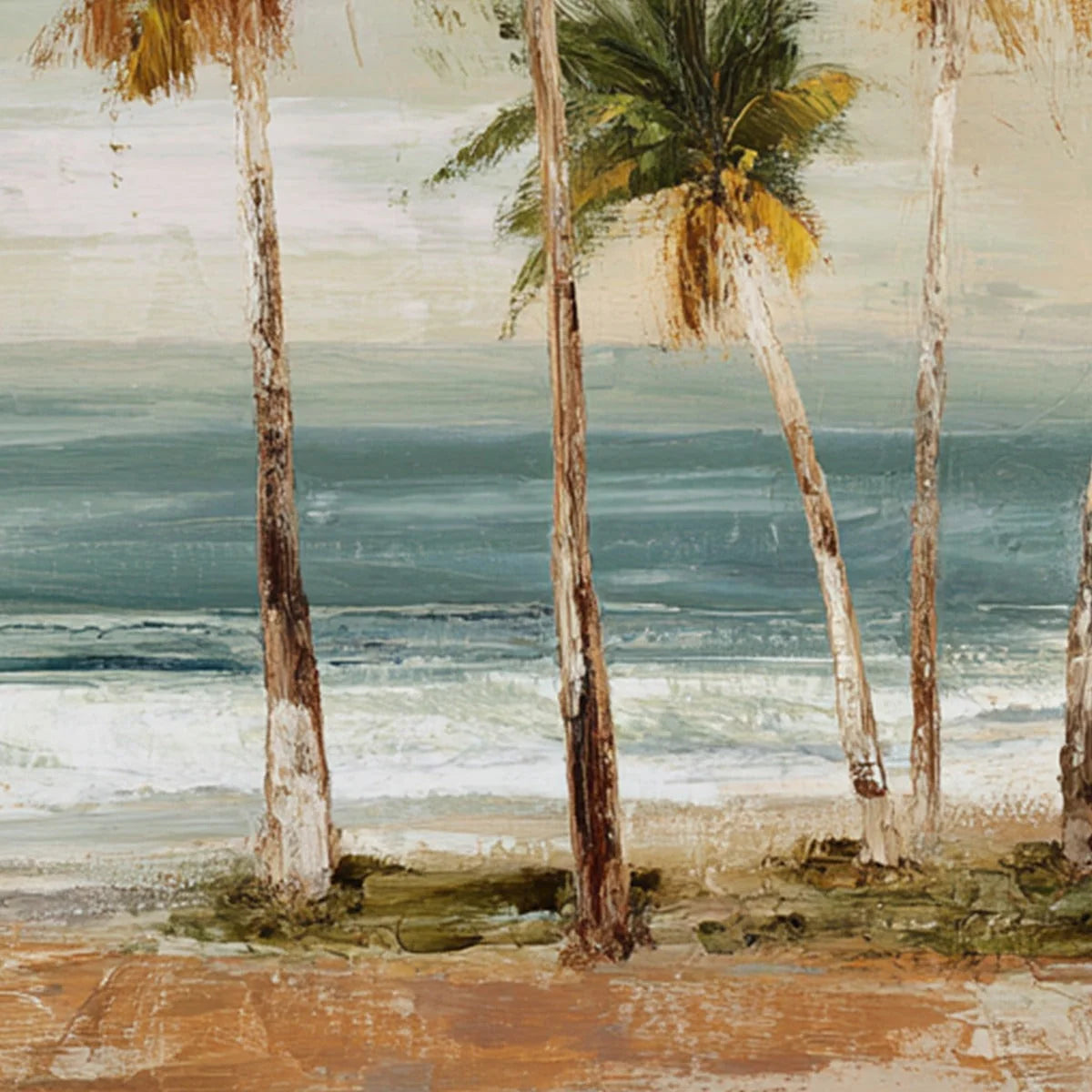 COASTAL WHISPER: Wabi Sabi Palm Tree Beach and Sea | rectangular format, hand-painted canvas edge