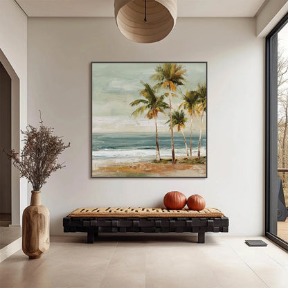 COASTAL WHISPER: Wabi Sabi Palm Tree Beach and Sea | gold frame stretched on neutral wall