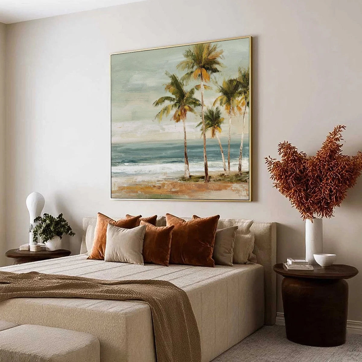 COASTAL WHISPER: Wabi Sabi Palm Tree Beach and Sea | black frame version on white wall