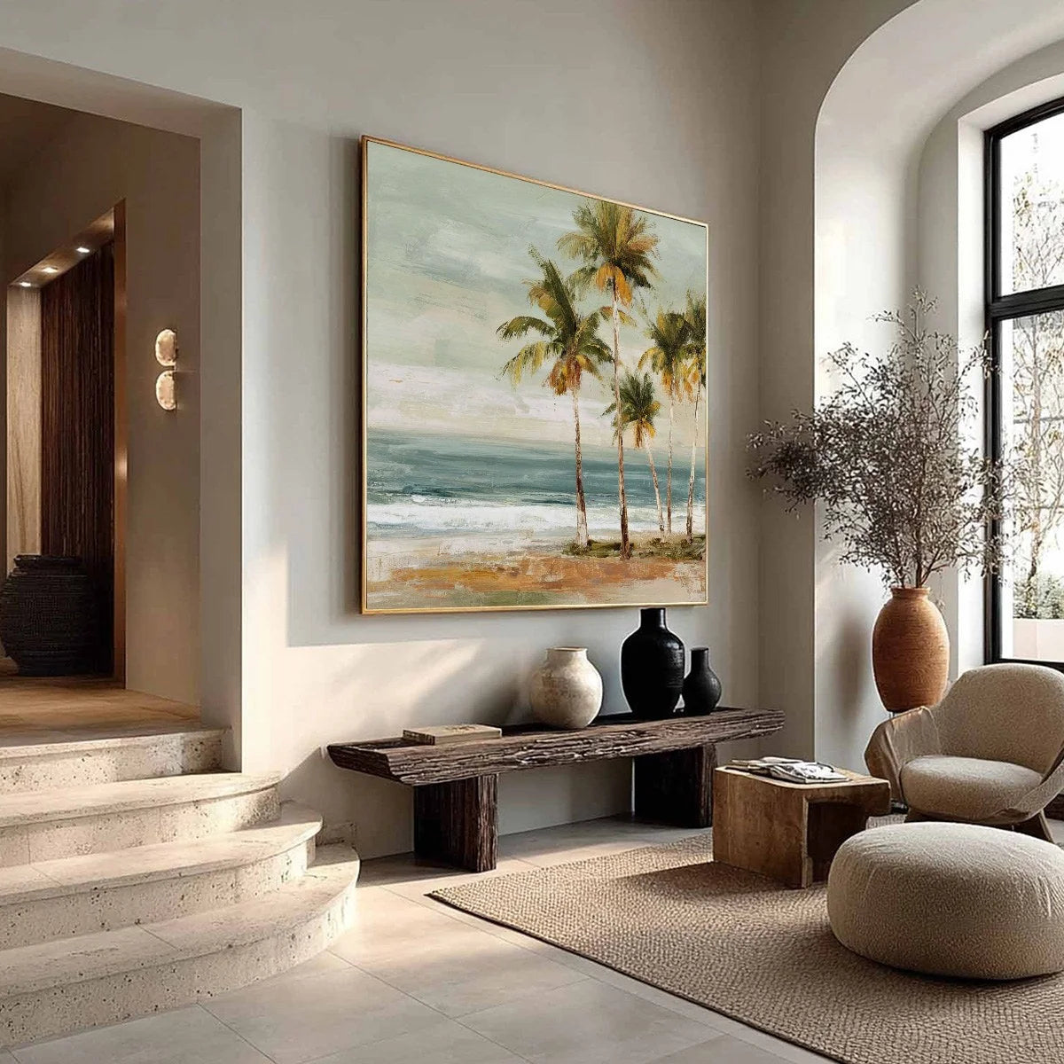 COASTAL WHISPER: Wabi Sabi Palm Tree Beach and Sea | wabi sabi mood, soft natural light studio shot