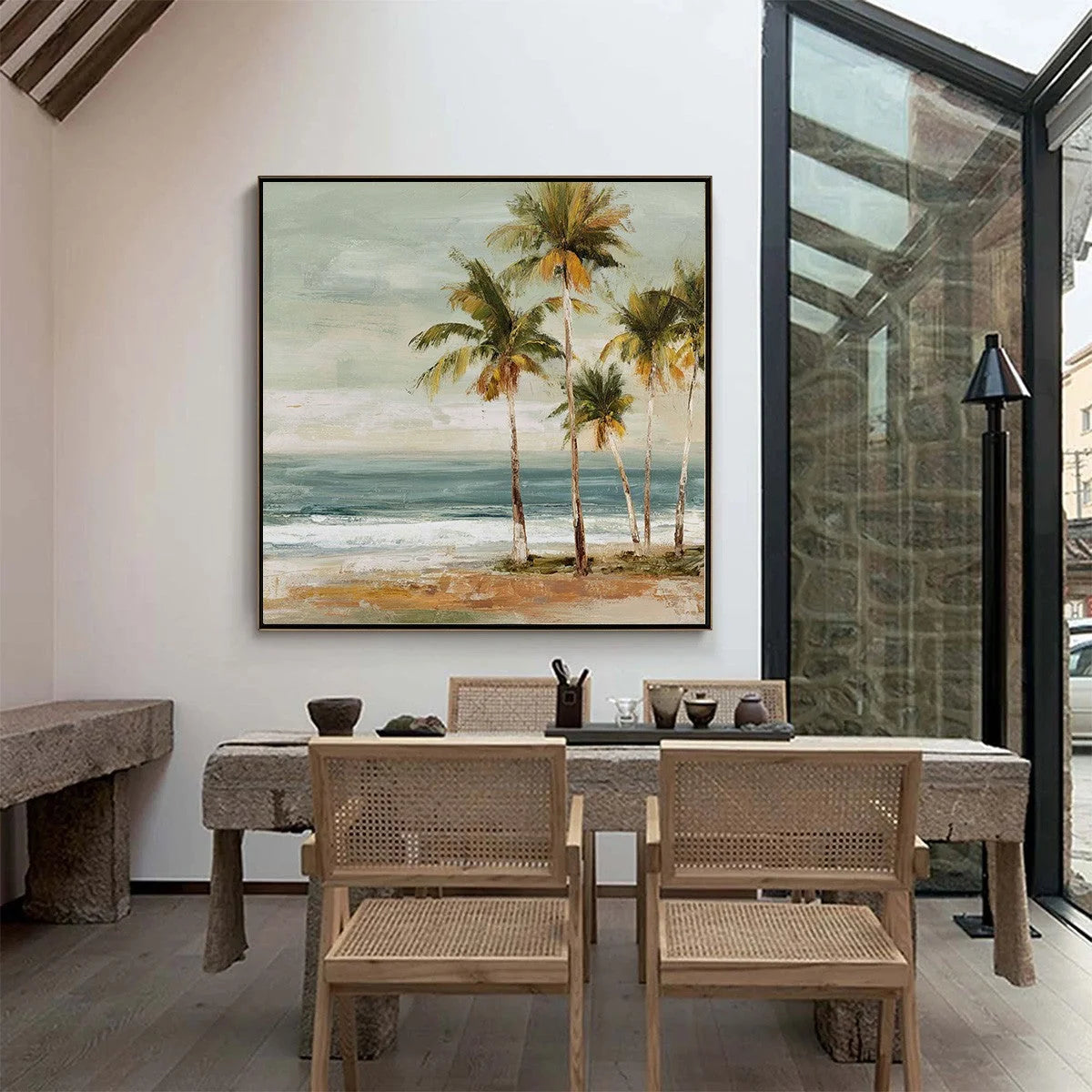 COASTAL WHISPER: Wabi Sabi Palm Tree Beach and Sea | blue palette, original bedroom art