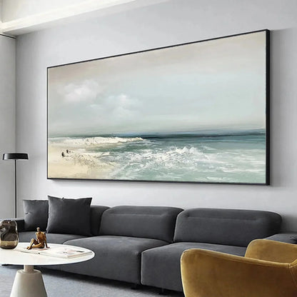 COASTAL WHISPERS: Tranquil Beach Landscape Oil Painting | gold frame stretched on neutral wall