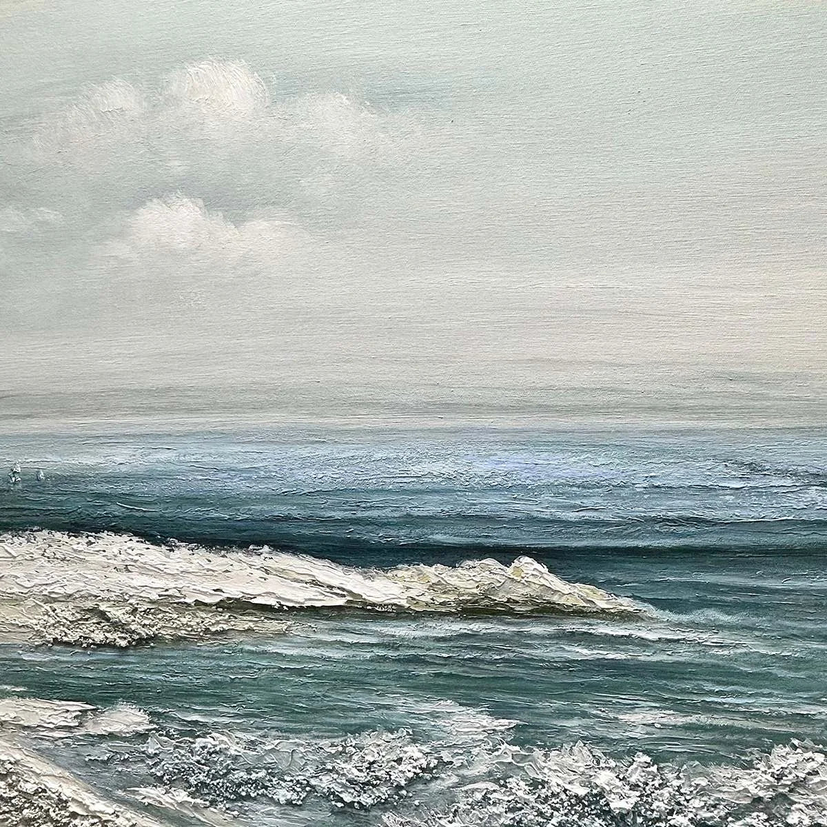 COASTAL WHISPERS: Tranquil Beach Landscape Oil Painting | black frame version on white wall