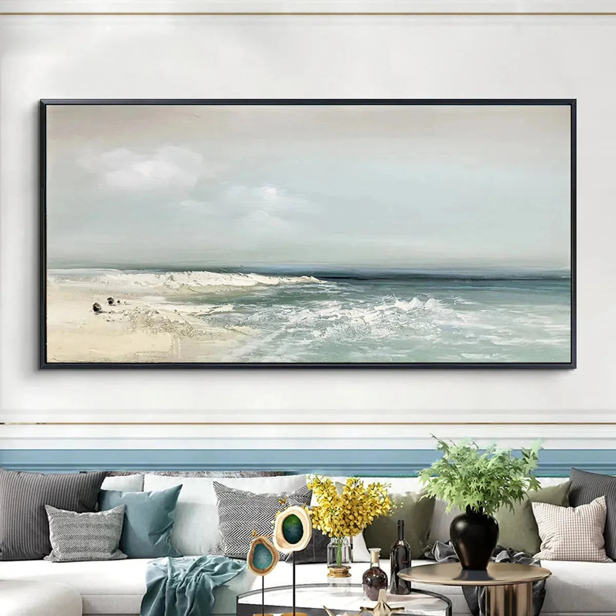 COASTAL WHISPERS: Tranquil Beach Landscape Oil Painting | blue palette, original bedroom art