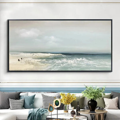 COASTAL WHISPERS: Tranquil Beach Landscape Oil Painting | blue palette, original bedroom art