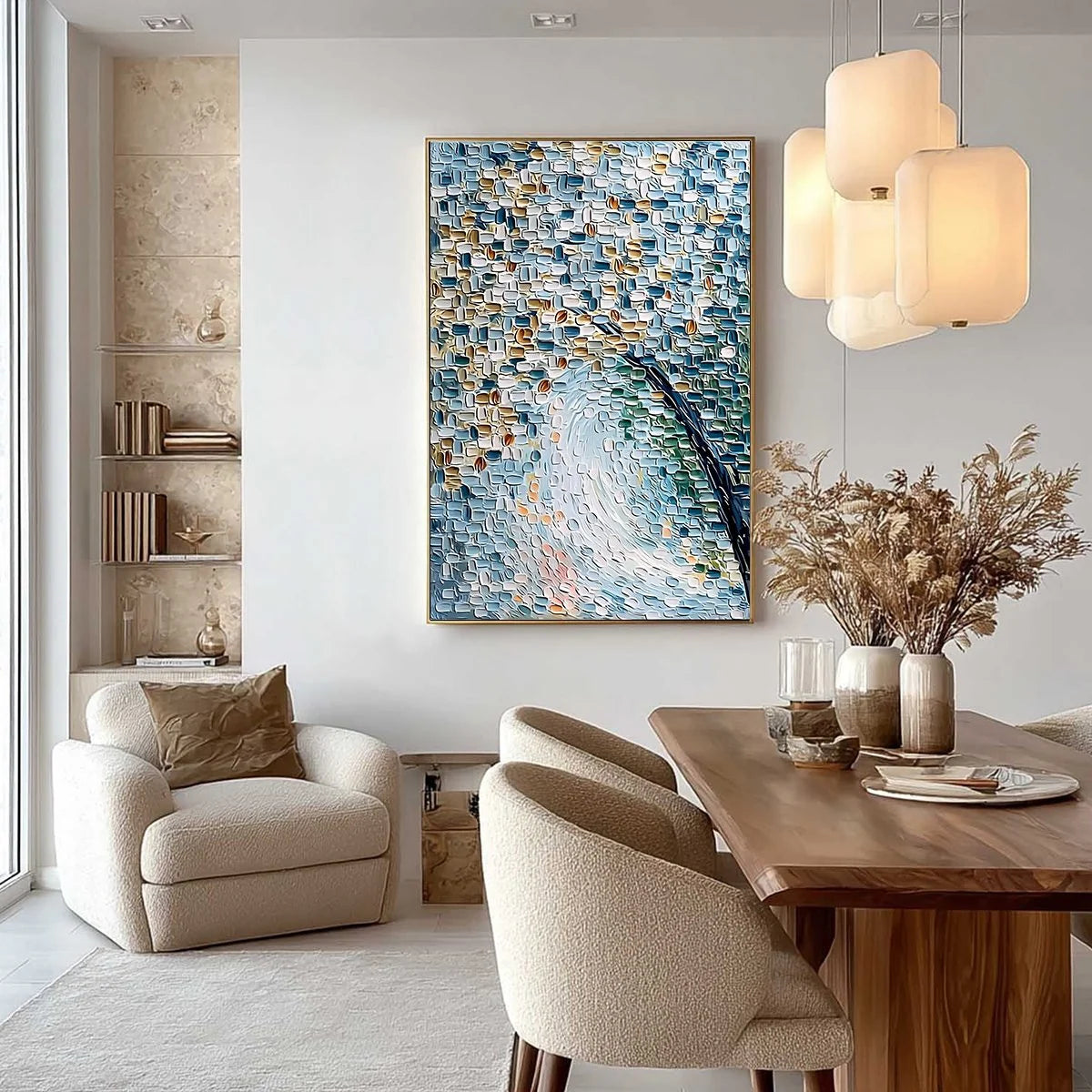 COBBLESTONE BLOSSOM: Heavily Textured Abstract Tree Painting | gold frame stretched on neutral wall