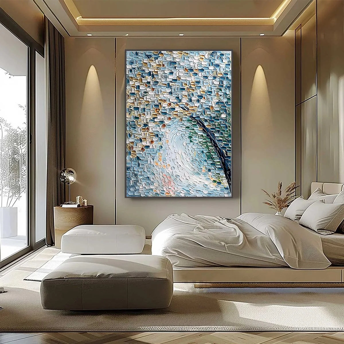 COBBLESTONE BLOSSOM: Heavily Textured Abstract Tree Painting | black frame version on white wall