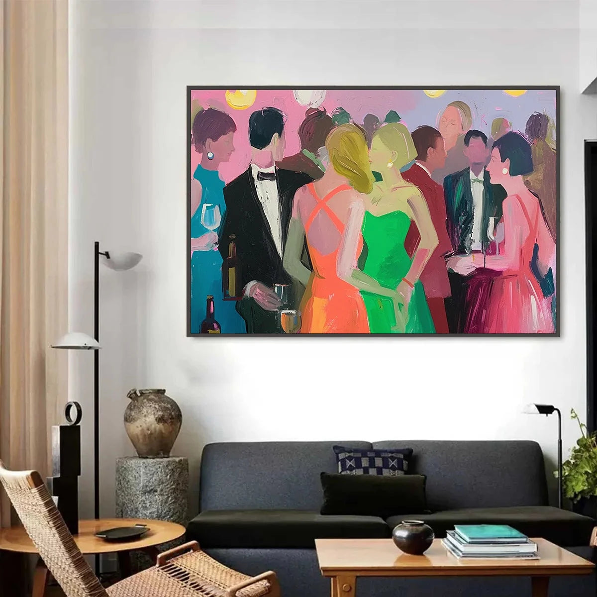 COCKTAIL HOUR: Figurative Oil Painting, Social Scene | gold frame stretched on neutral wall