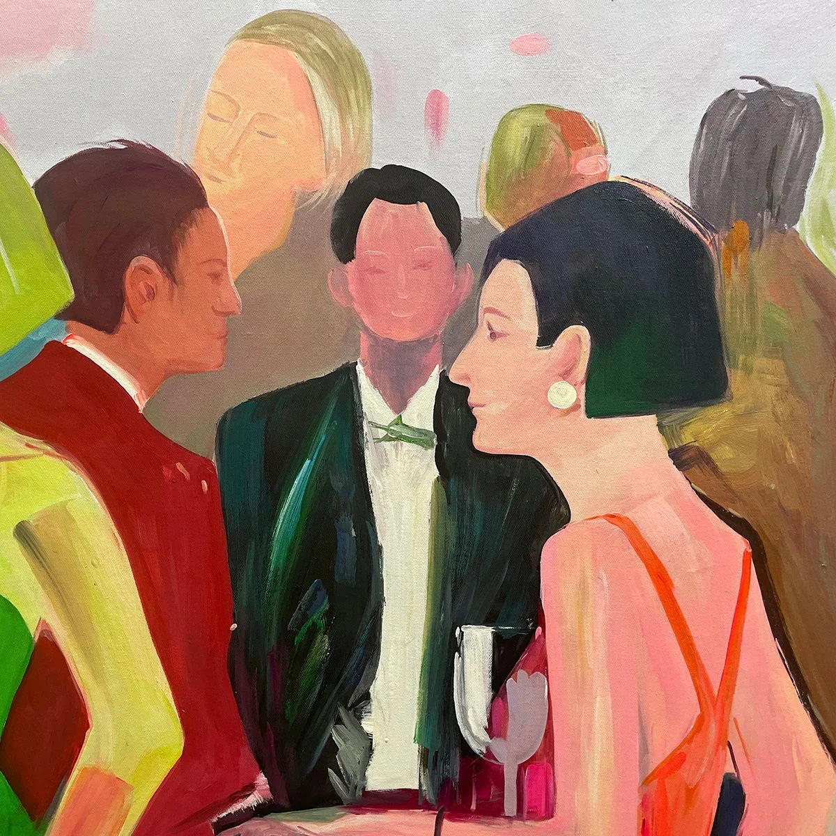 COCKTAIL HOUR: Figurative Oil Painting, Social Scene | black frame version on white wall