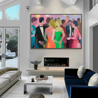 COCKTAIL HOUR: Figurative Oil Painting, Social Scene | textured mood, soft natural light studio shot