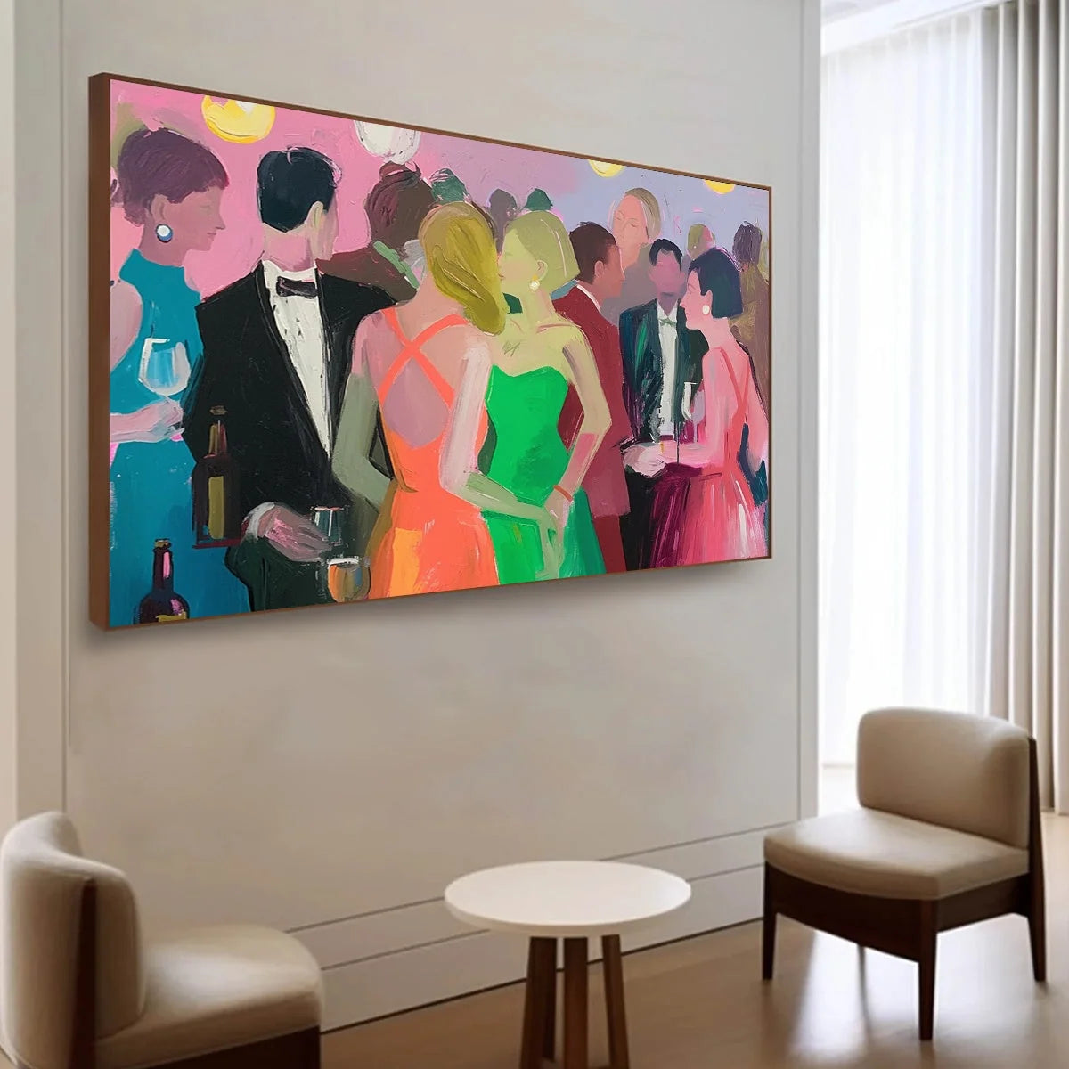 COCKTAIL HOUR: Figurative Oil Painting, Social Scene | multi palette, original living room art