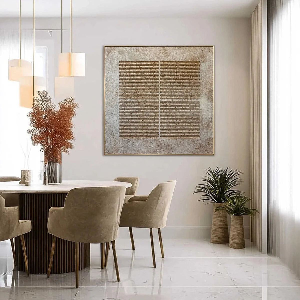 CODEX: Large Square Textured Minimalist Abstract Painting | gold frame stretched on neutral wall