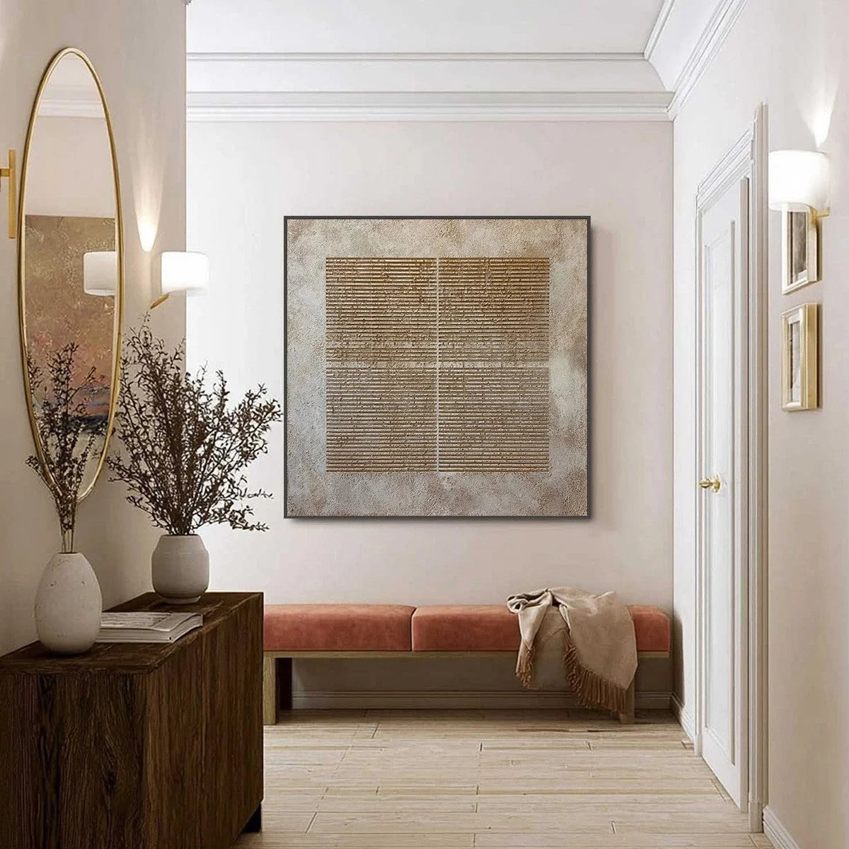 CODEX: Large Square Textured Minimalist Abstract Painting | black frame version on white wall