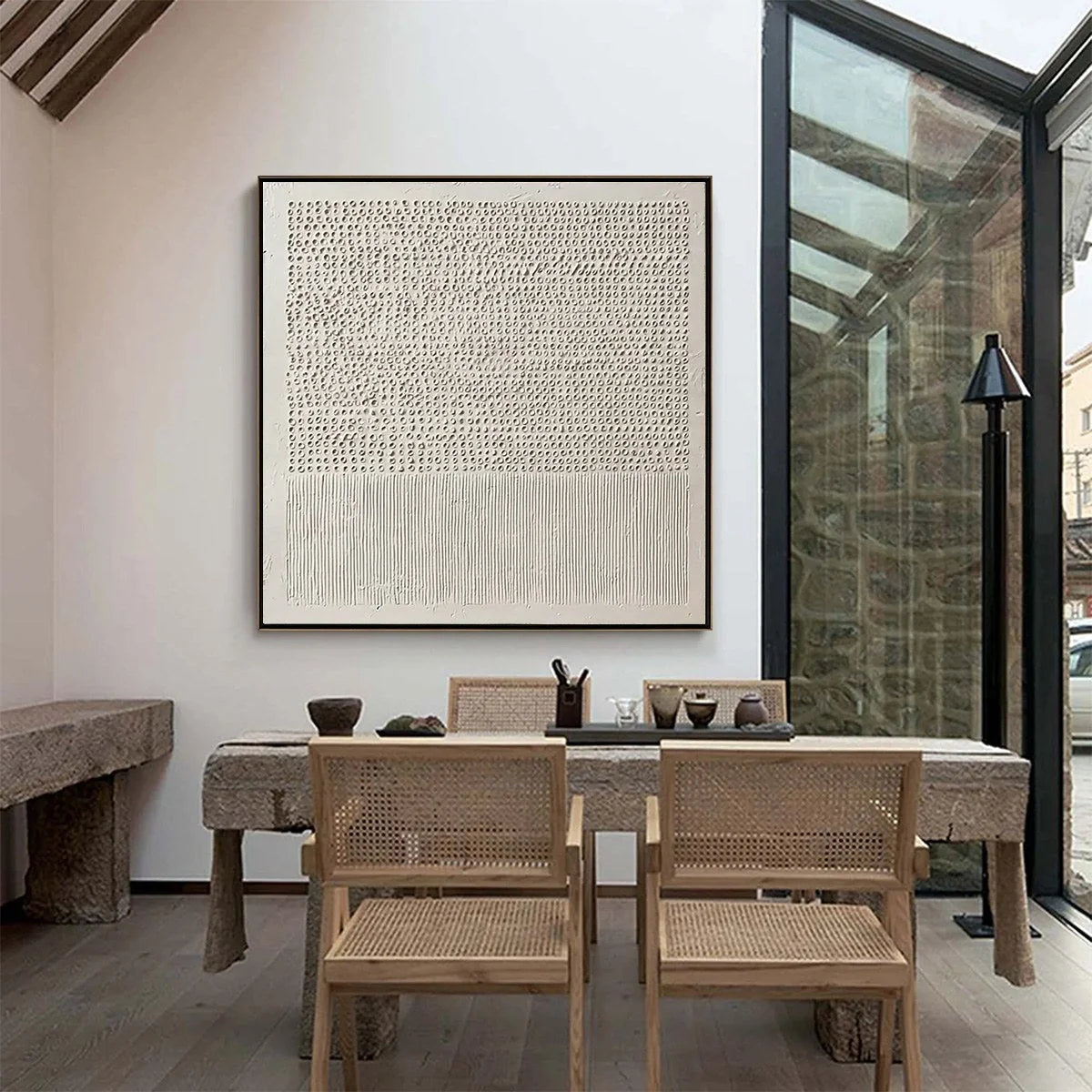 CODEX OF CALM: Large Square Textured Wabi Sabi Abstract Painting | gold frame stretched on neutral wall
