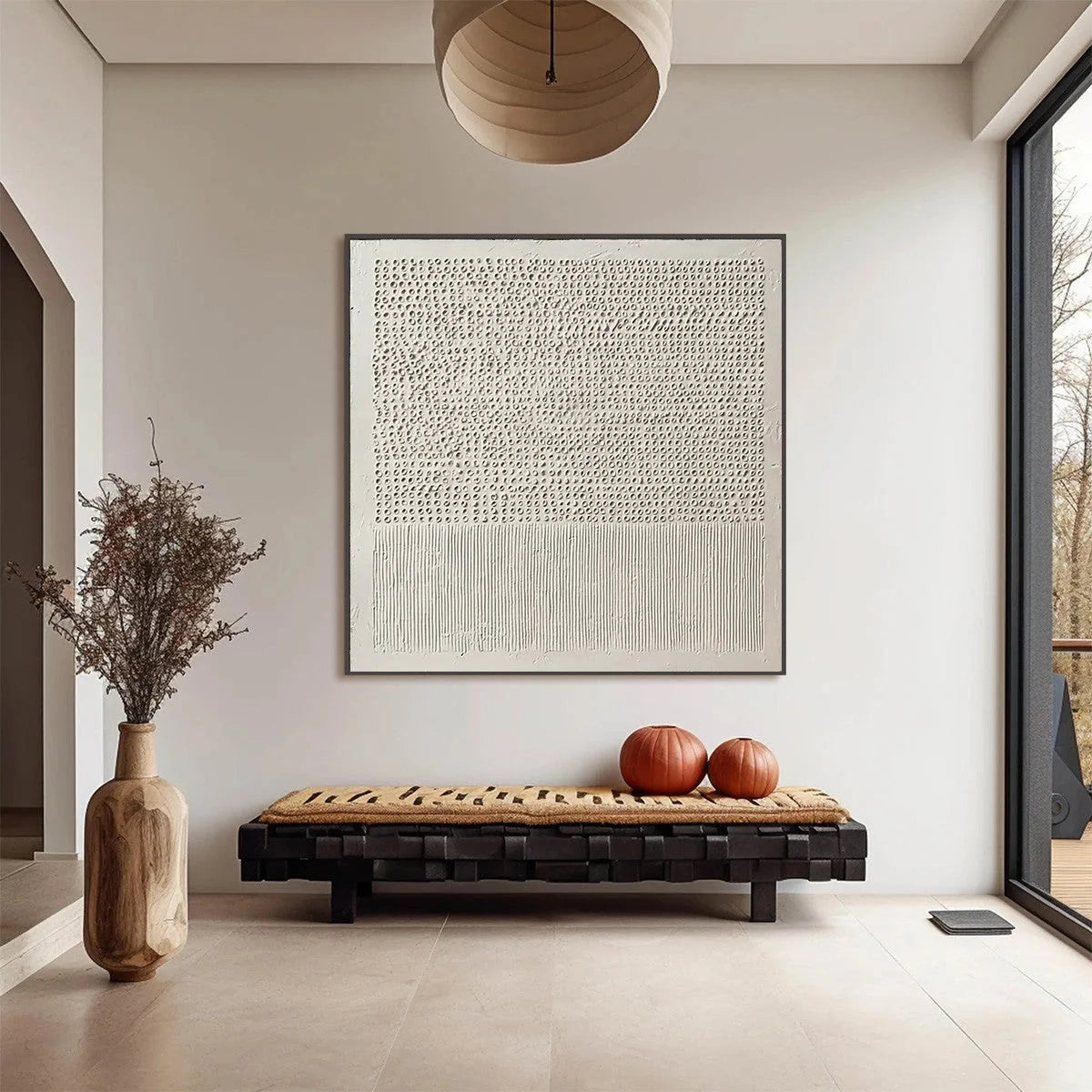CODEX OF CALM: Large Square Textured Wabi Sabi Abstract Painting | black frame version on white wall