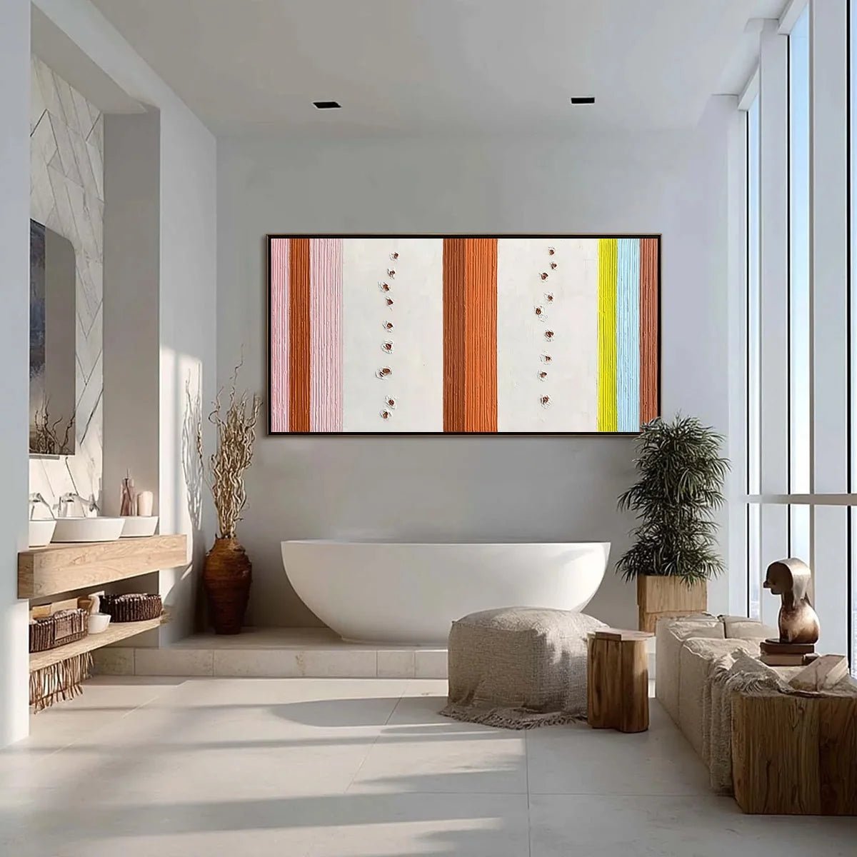 COLOR CADENCE: Textured Colorful Abstract Impasto Stripe Painting | gold frame stretched on neutral wall