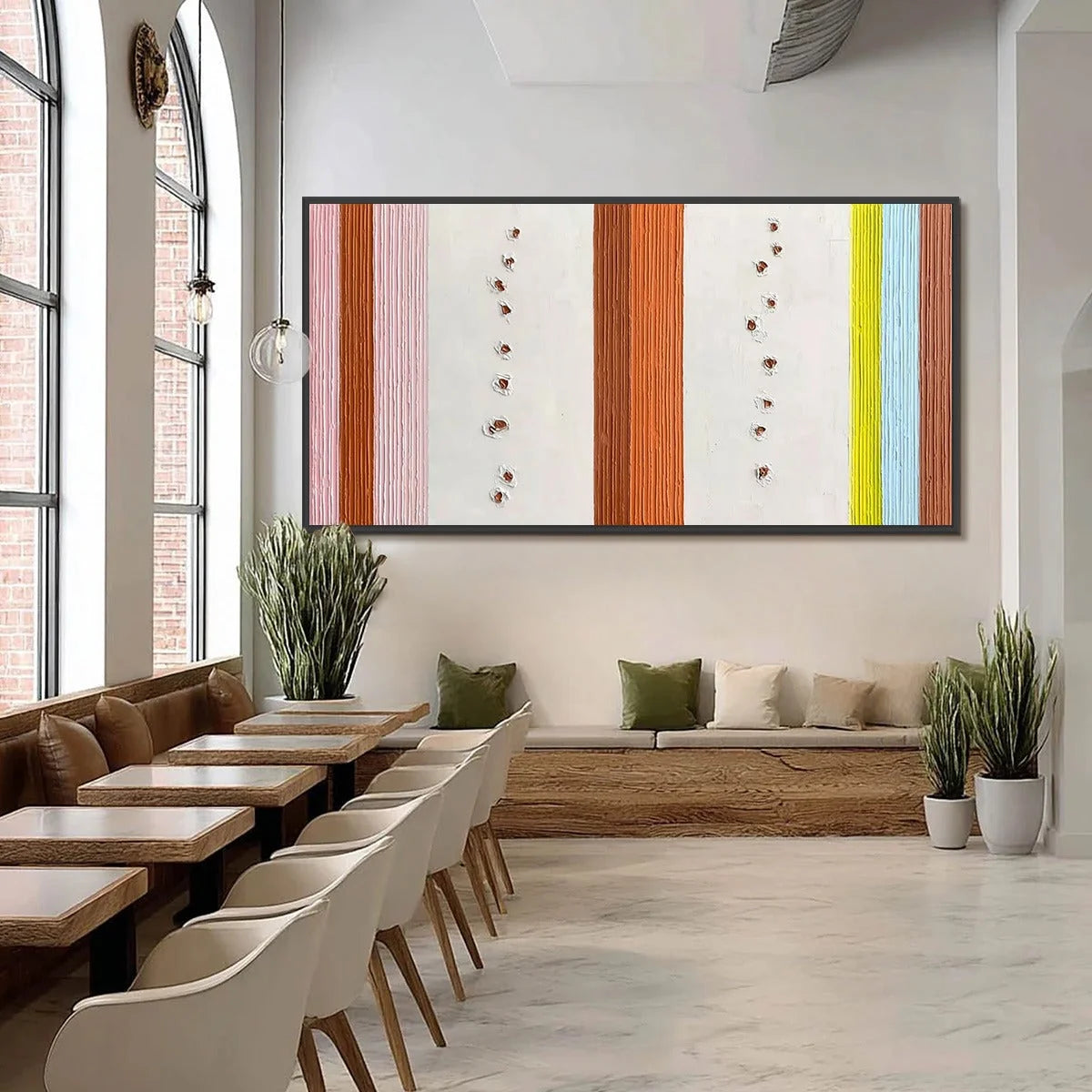 COLOR CADENCE: Textured Colorful Abstract Impasto Stripe Painting | black frame version on white wall