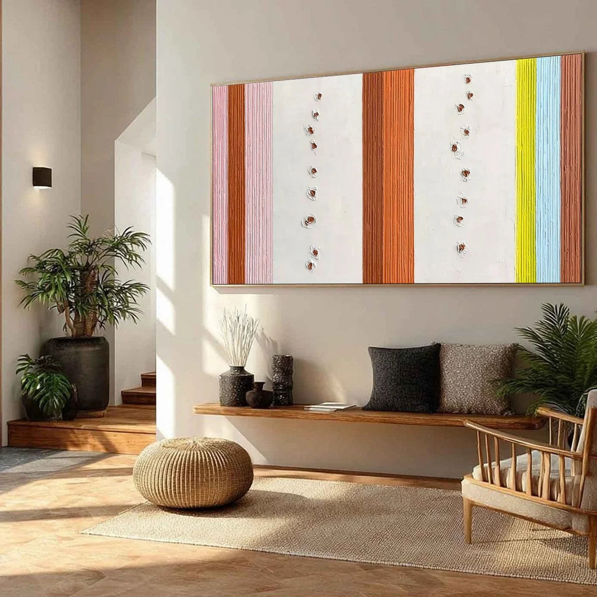 COLOR CADENCE: Textured Colorful Abstract Impasto Stripe Painting | beige palette, original Hand-painted on premium stretched canvas using artist-grade oils; rich layered surface combines smooth gr...