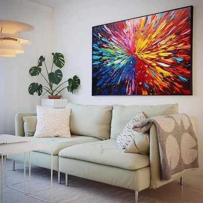 COLOR EXPLOSION: Textured Impasto Abstract Painting in Rainbow Colors | gold frame stretched on neutral wall
