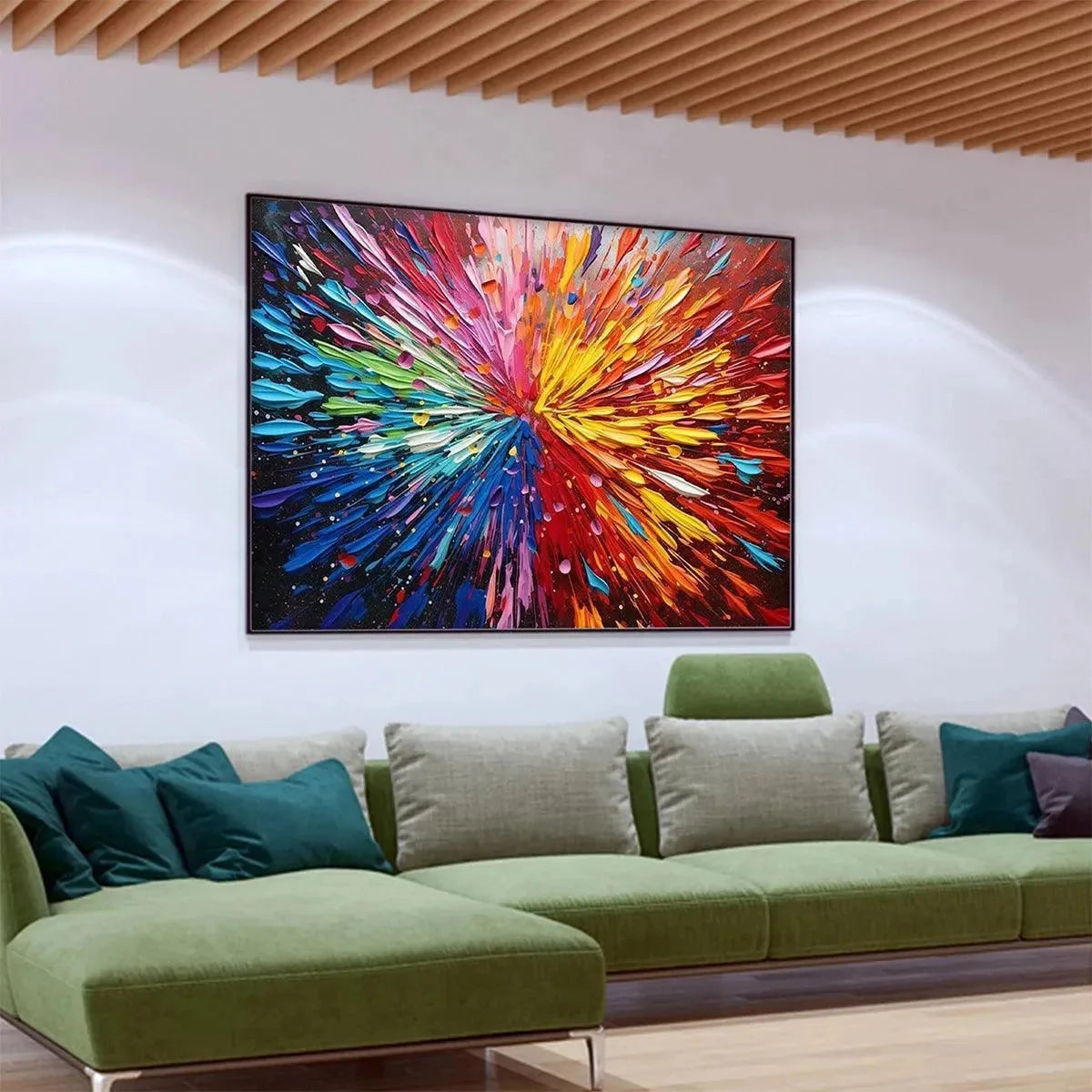 COLOR EXPLOSION: Textured Impasto Abstract Painting in Rainbow Colors | black frame version on white wall