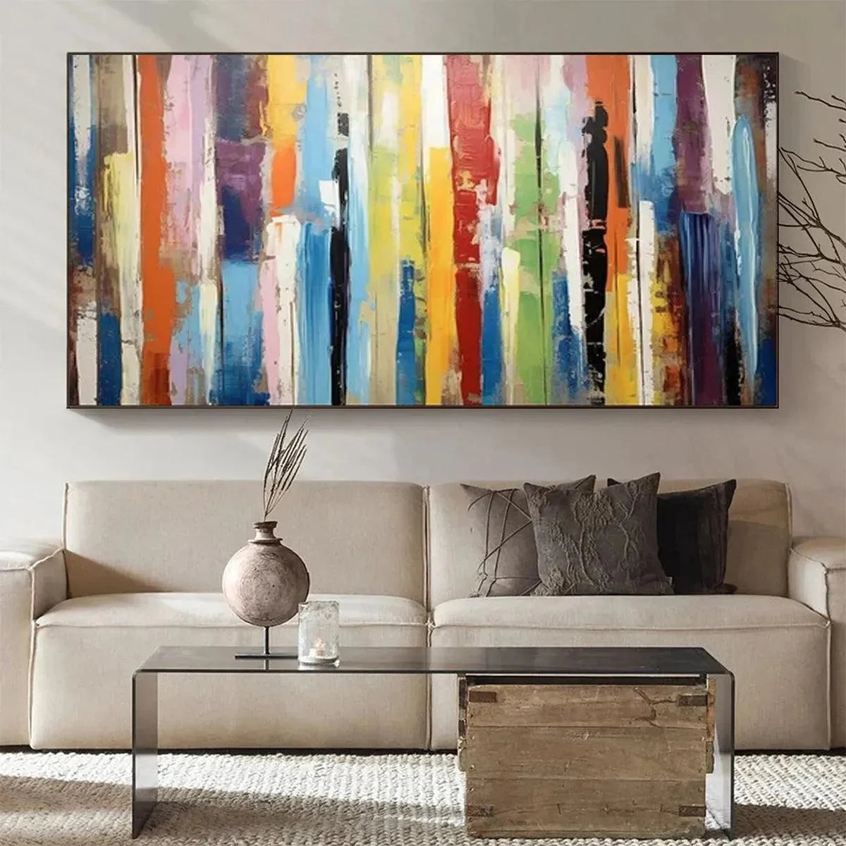 COLOR HARMONY: Abstract Painting with Colorful Vertical Stripes | gold frame stretched on neutral wall