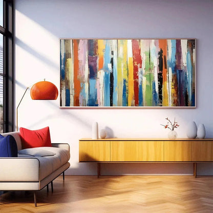 COLOR HARMONY: Abstract Painting with Colorful Vertical Stripes | black frame version on white wall